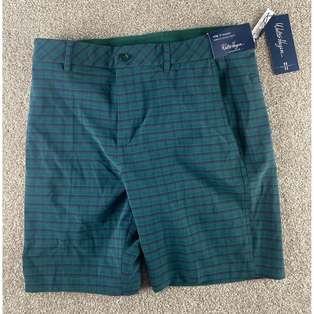 Walter Hagen P11 9" PureFlex Perf Short Green/Blue Plaid Men 32 Golf Preppy Wick